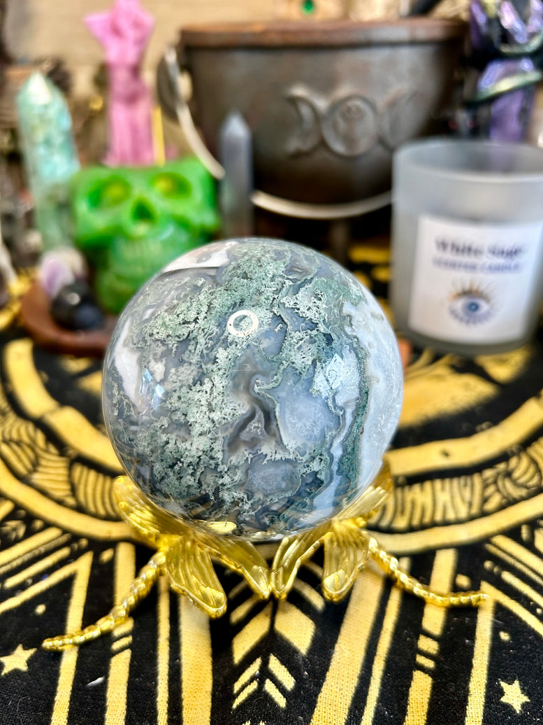 Moss Agate Sphere & Holder | Crystal Sphere | Crystal Ball | Wicca | Pagan | Reiki | Chakra | Moon Energy | Healing | druzy | Witchcraft