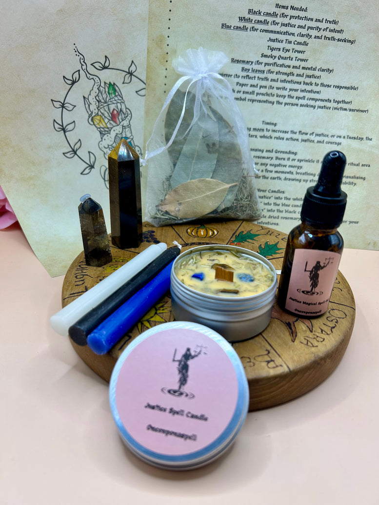 Justice Spell Kit | Court Case | Spell Candle | Spell Oil | Spells | Witchcraft | Wiccan | Pagan | Gift Set | Herbs | Crystals | Quartz