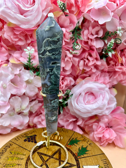 Druzy Moss Agate Wand On Stand - Natural Gemstone Decoration