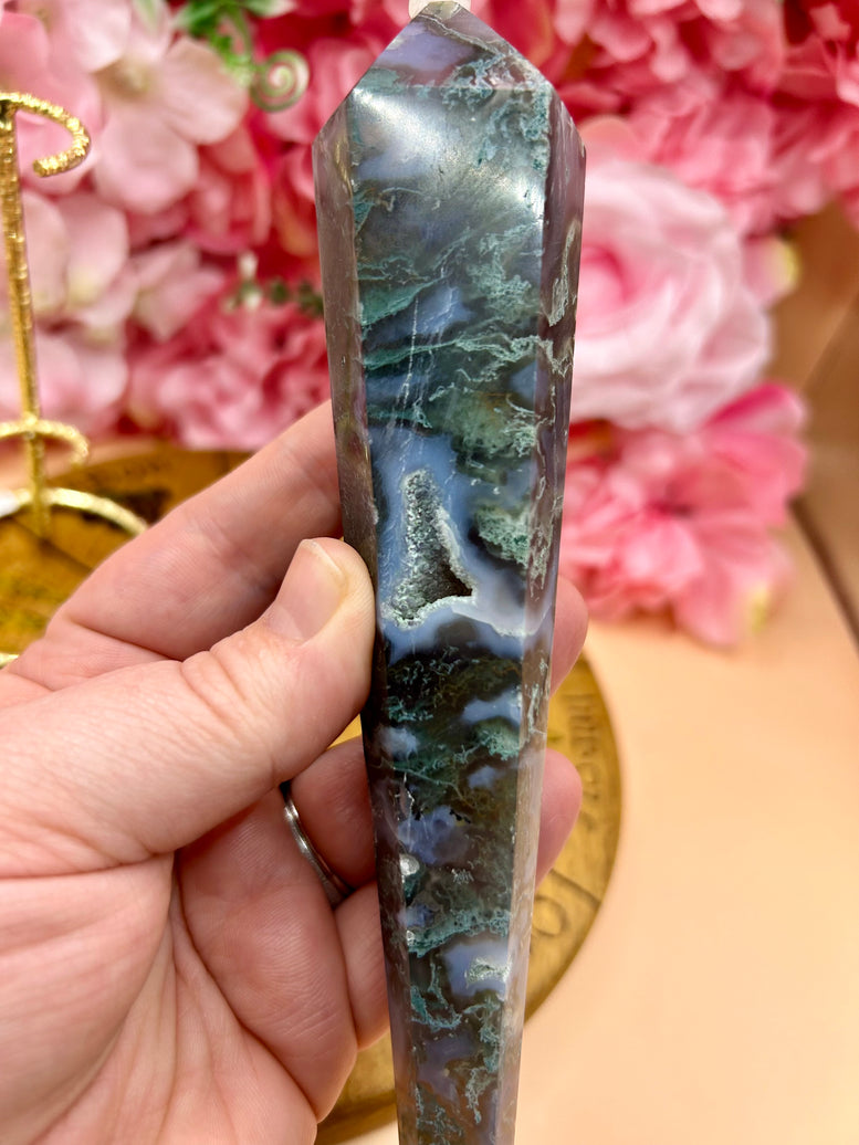 Druzy Moss Agate Wand On Stand - Natural Gemstone Decoration