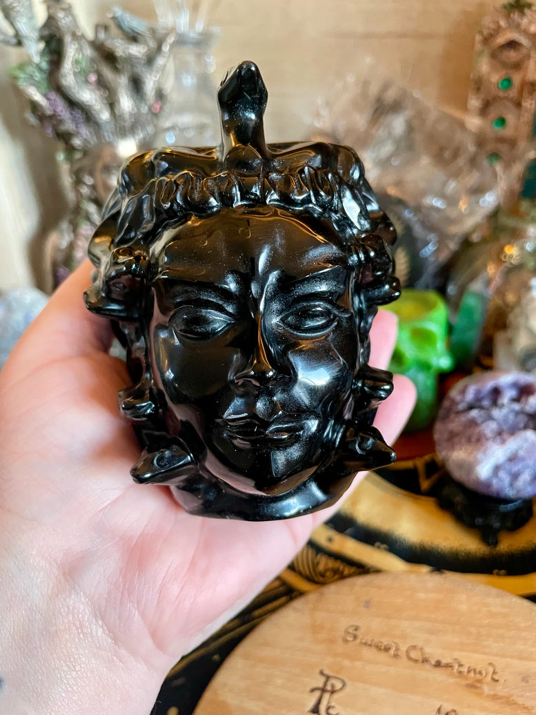 Medusa Obsidian Crystal Head Carving | Snakes | Mythology | Goddess | Deity | Crystal | Reiki | Chakra | Witchcraft | Wiccan | Pagan | Gift