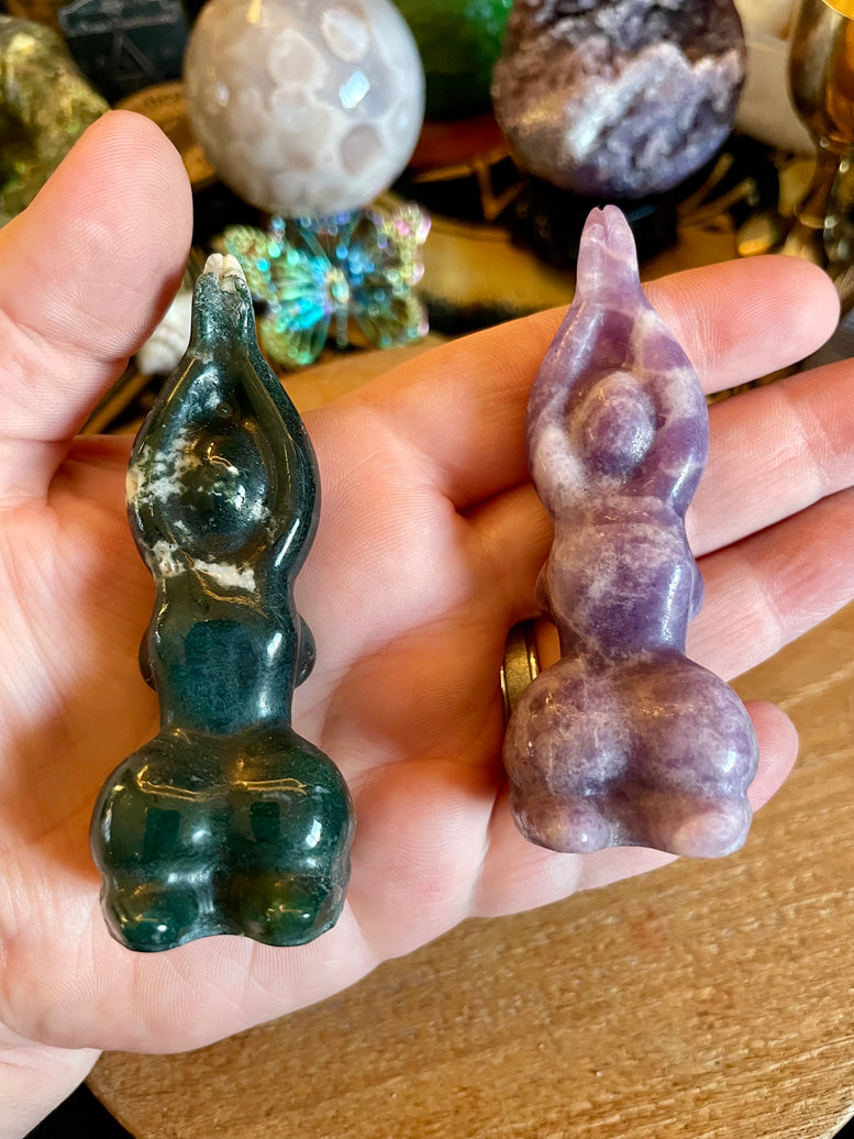 Lady Yoga Pose Crystal Carving | Lepidolite | Moss Agate | Goddess | Reiki | Chakra | Crystal Healing | Crystals | Witchy | Body | Figure