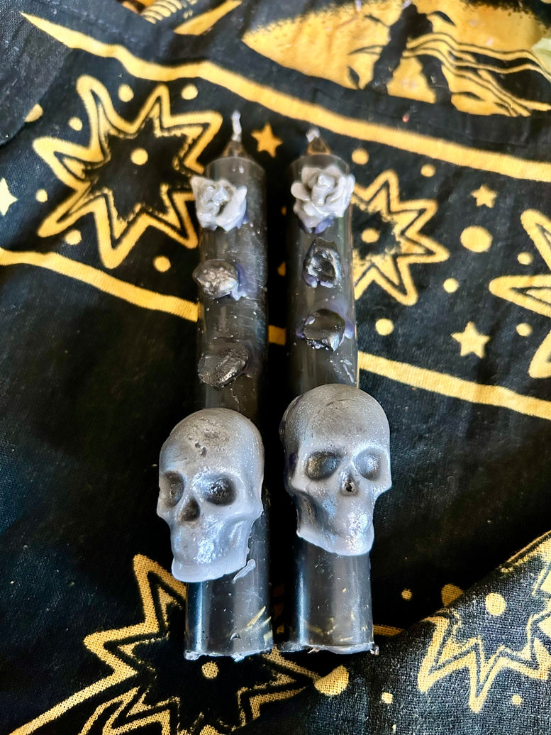 Hand Made Large Protection and Banishing Spell Candles for Spells Witchcraft with Skull Design and Floral Accents Decoration Ornaments
