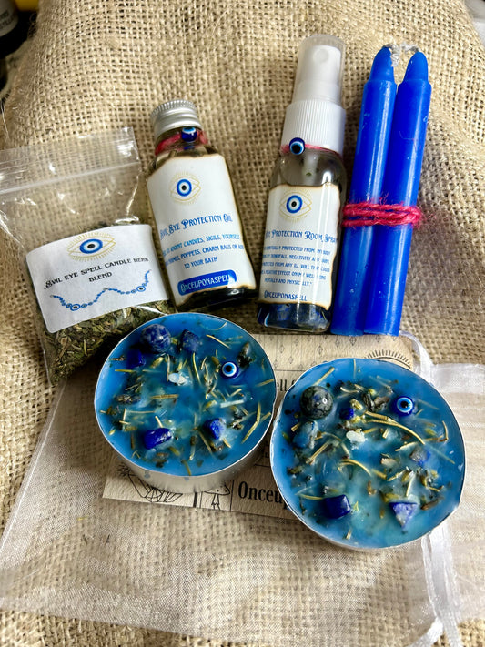 Evil Eye Protection Spell Casting Kit | Spells | Magic | Witchcraft | Wicca | Pagan | Spirituality | Candles | Room Spray | Ritual Oil