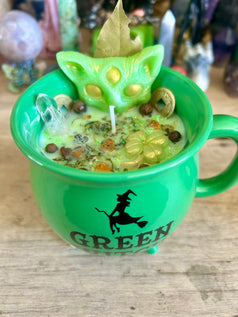 Wealth & Abundance Spell Candle – Green Witch Cauldron Cup hand made soy wax ornamental witches candle