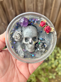 Protection and Banishing Hand Poured Spell Candle for Witchcraft with Amethyst Skull and Glitter Accents Decor Ornaments Decoration