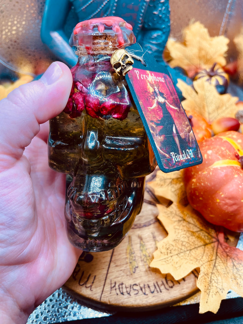 Persephone Goddess Ritual Oil | Fertility | Spring | Underworld | Thinning of the Veil | Witchcraft | Deity | Spell Oil | Skull | Crystals