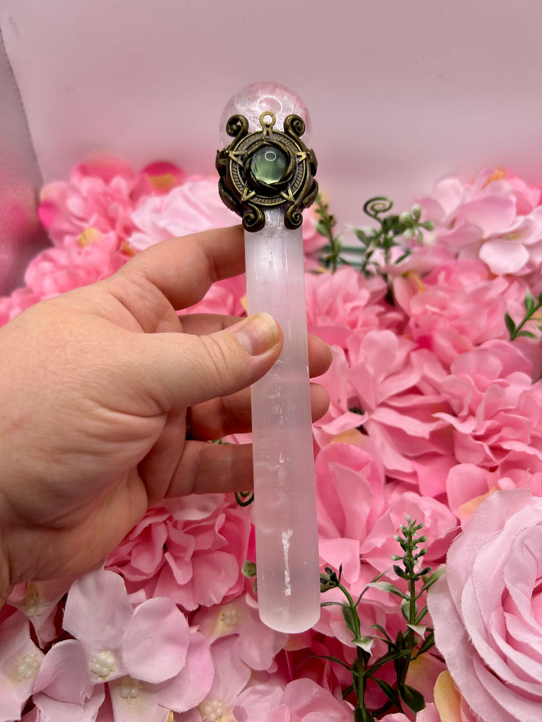 Selenite wand with Quartz Sphere and rainbow inclusions for energy work and witchcraft