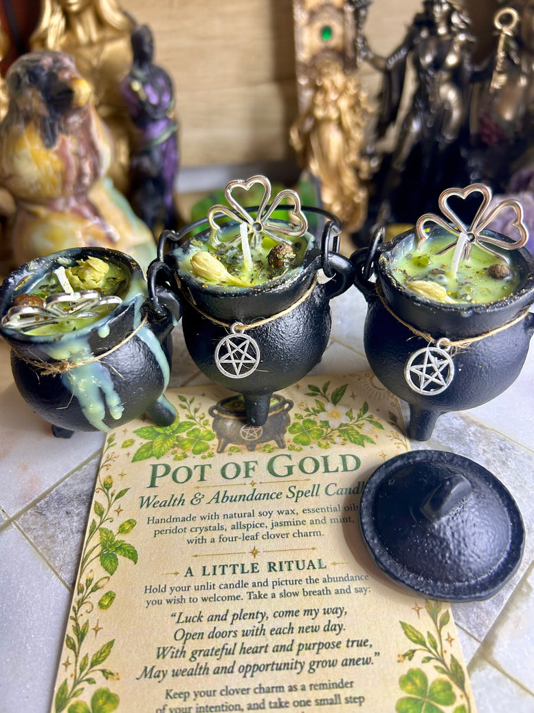 Pot of cold cast iron cauldron wealth and abundance spell candle