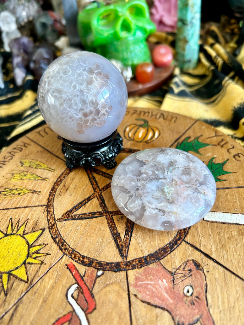 Flower Agate Sphere on Stand and Palm Stone Gift Set | Crystals | Witchcraft | Wicca | Pagan | Healing | Reiki | Chakra | Ornament | Ball