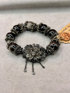 Silver Sheen Obsidian Lotus Crystal Charm Bracelet | Jewellery | Bracelet | Crystals | Spirituality | Witchcraft | Wiccan | Pagan | Large
