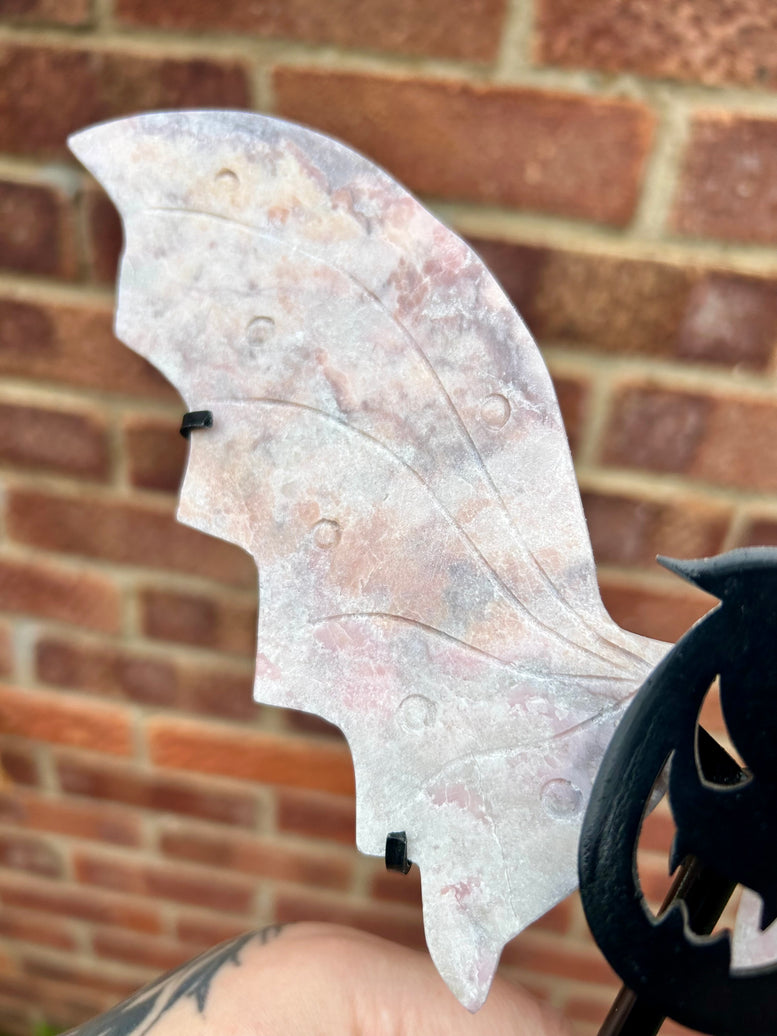 Pink Opal Carved Crystal Wings with Witchy Stand pumpkin witch Halloween style
