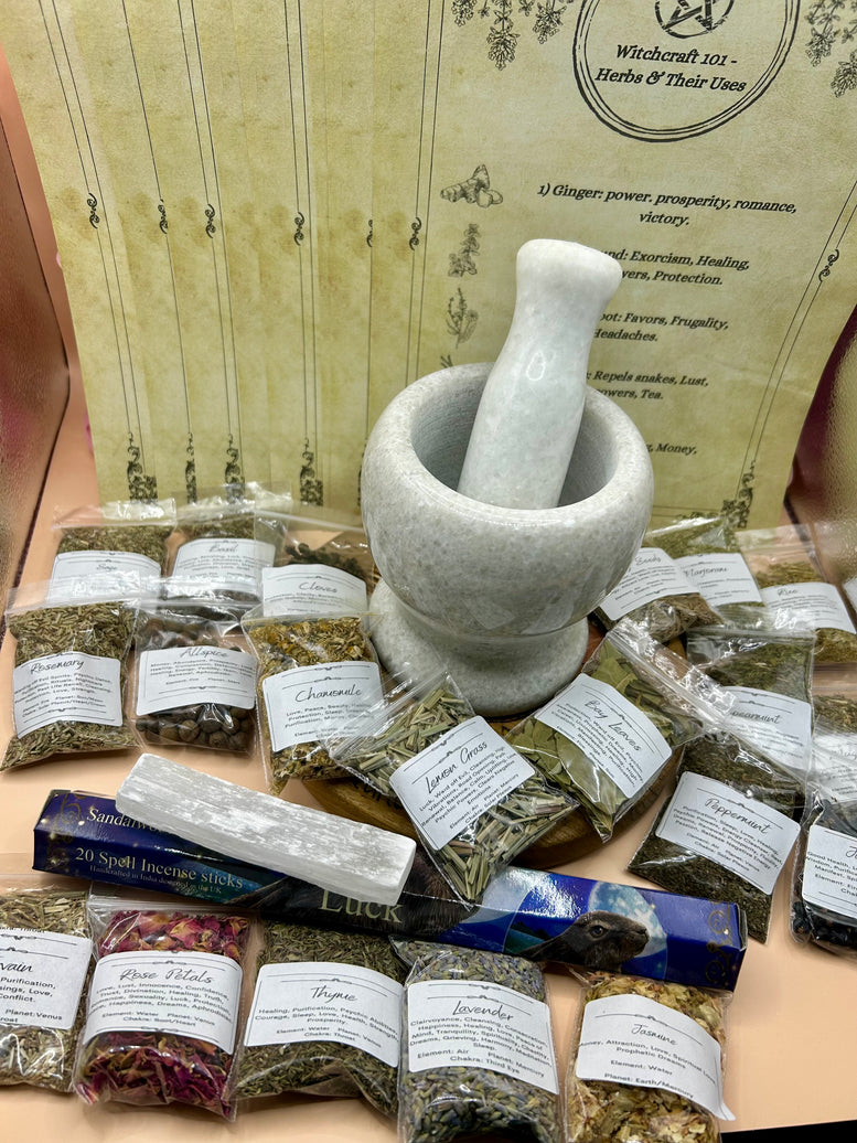 Mortar and Pestle Herb Kit - Herbs - Selenite - Incense - Witchcraft - Kitchen - Utensils