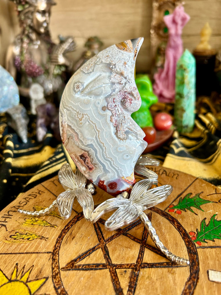 Crazy Lace Agate Moon Crystal Carving | Crystals | Healing | Reiki | Chakra | Witchcraft | Wiccan | Pagan | Wicca | Ornament | Gift | Polish