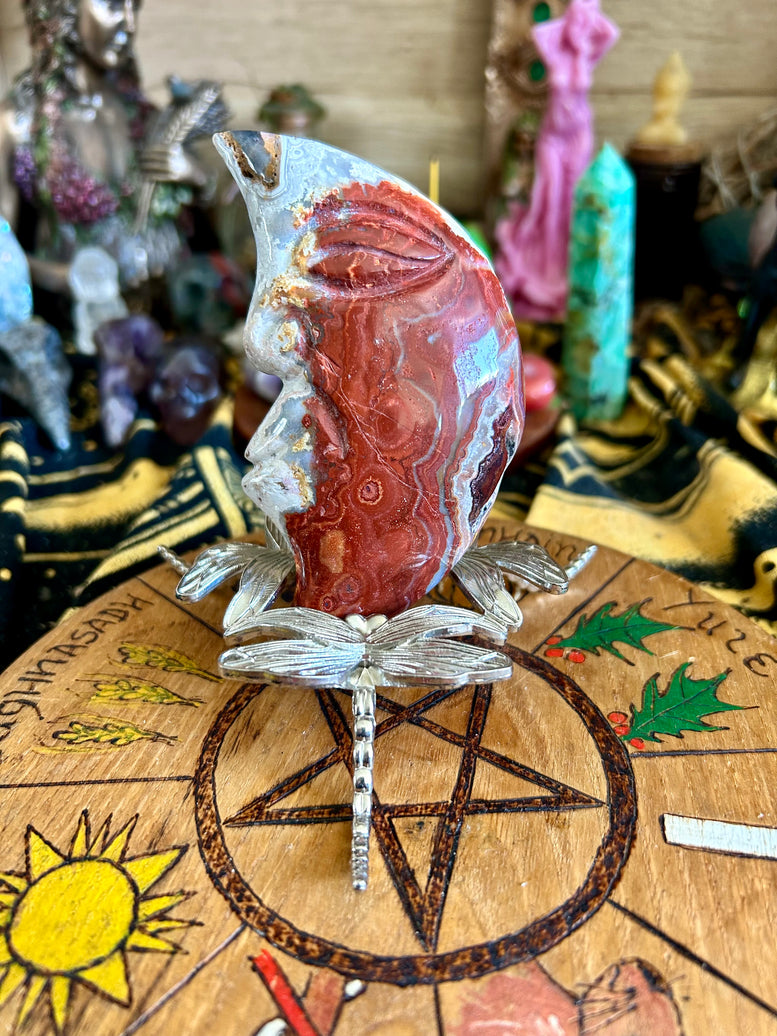 Crazy Lace Agate Moon Crystal Carving | Crystals | Healing | Reiki | Chakra | Witchcraft | Wiccan | Pagan | Wicca | Ornament | Gift | Polish