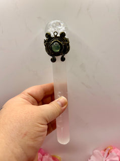 Selenite wand with Quartz Sphere and rainbow inclusions for energy work and witchcraft