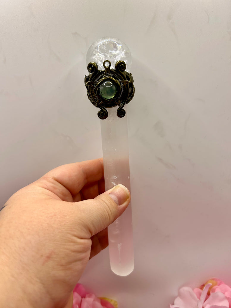 Selenite wand with Quartz Sphere and rainbow inclusions for energy work and witchcraft