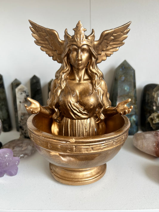 Freya Offering Bowl | Norse Goddess Altar Decor | Pagan Ritual Bowl | Viking Witchcraft Supplies | Golden Divine Feminine Statue Bowl Witch