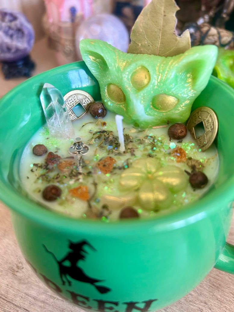 Wealth & Abundance Spell Candle – Green Witch Cauldron Cup hand made soy wax ornamental witches candle