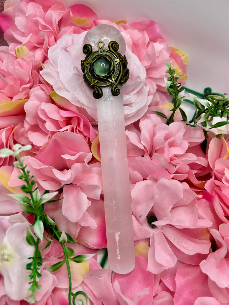 Selenite wand with Quartz Sphere and rainbow inclusions for energy work and witchcraft