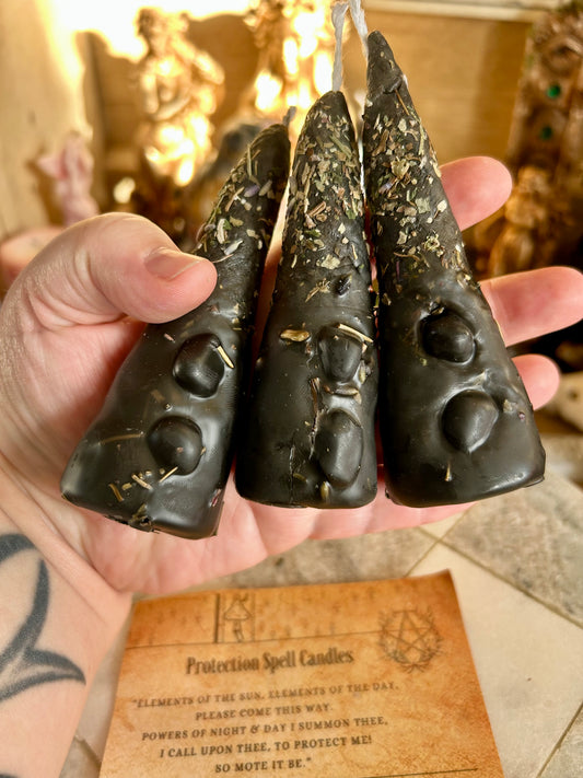 Hand rolled protection spell candles made with beeswax, herbs, essential oils and tourmaline crystal chips