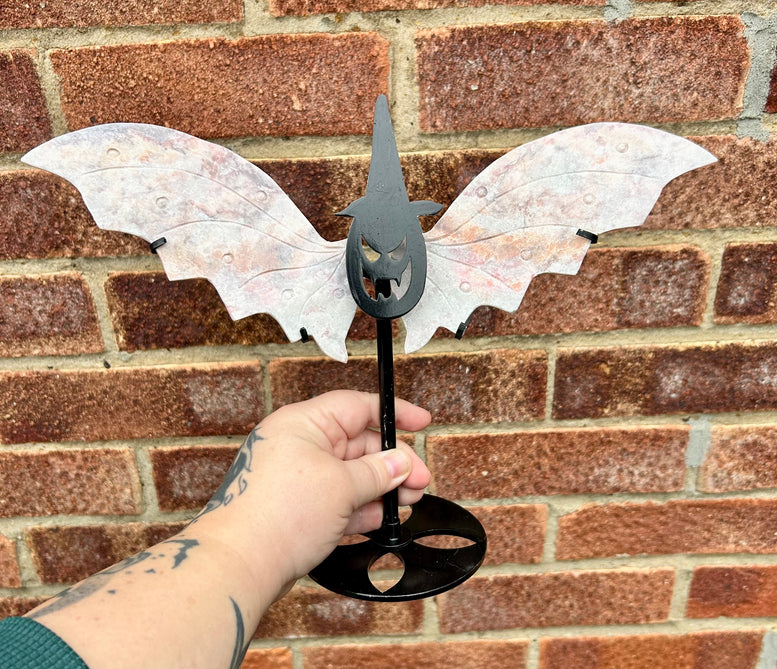 Pink Opal Carved Crystal Wings with Witchy Stand pumpkin witch Halloween style