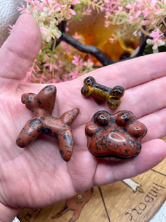 Natural Crystals Dog Bundle | Mahogony Obsidian | Tigers Eye | Dog bone | Paw | mini carvings | decoration | crystal bundle | gift | decor