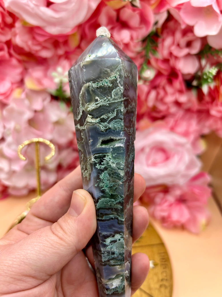 Druzy Moss Agate Wand On Stand - Natural Gemstone Decoration