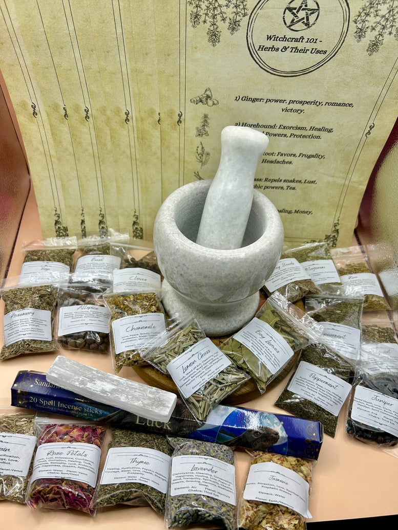 Mortar and Pestle Herb Kit - Herbs - Selenite - Incense - Witchcraft - Kitchen - Utensils