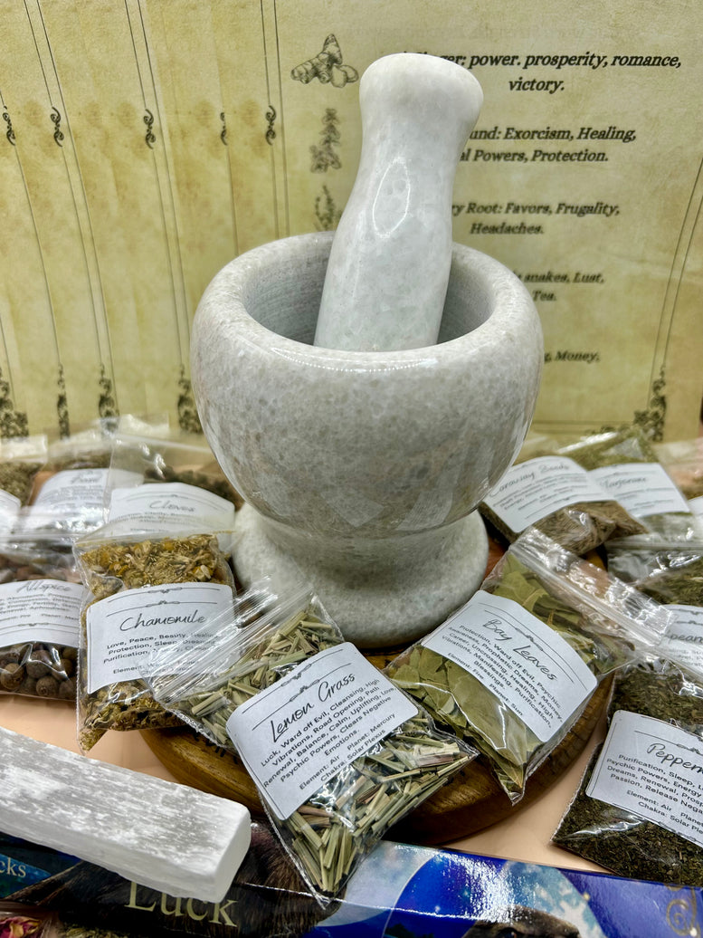 Mortar and Pestle Herb Kit - Herbs - Selenite - Incense - Witchcraft - Kitchen - Utensils