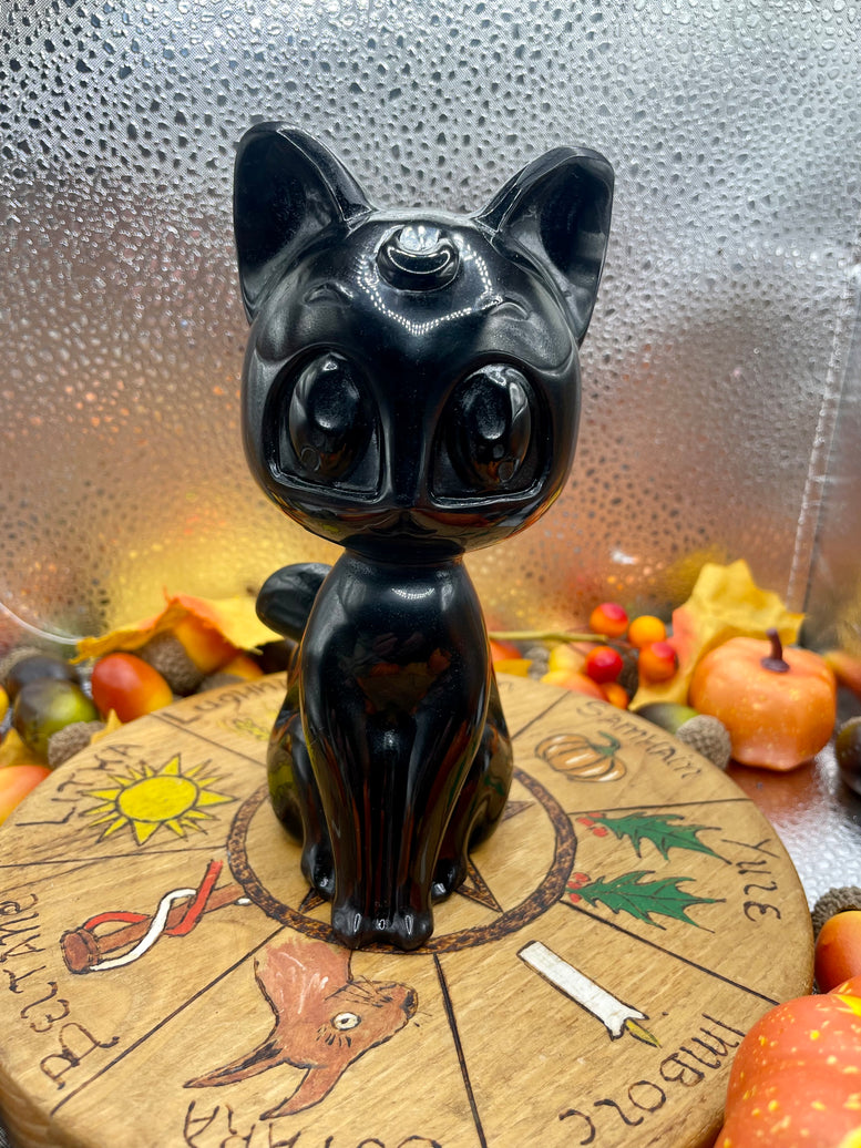 Luna Moon Cat Natural Black Obsidian Crystal Carving | Black Cat | Kitty | Witchcraft | Wiccan | Pagan | Reiki | Chakra | 14.5cm | Ornament