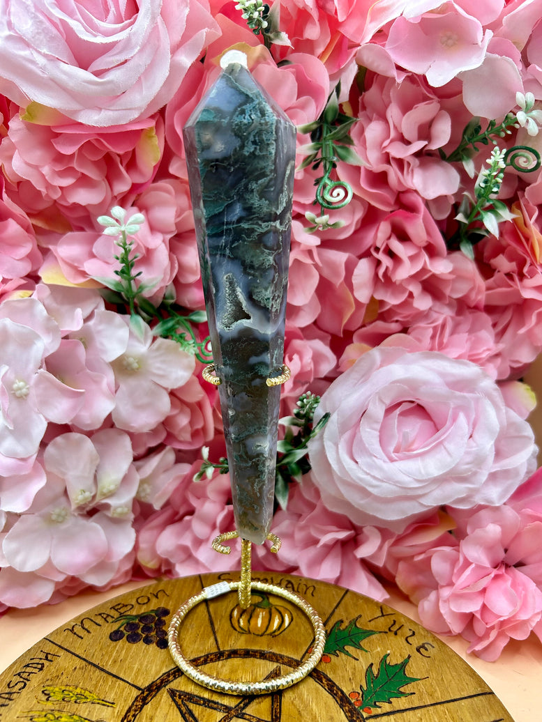 Druzy Moss Agate Wand On Stand - Natural Gemstone Decoration