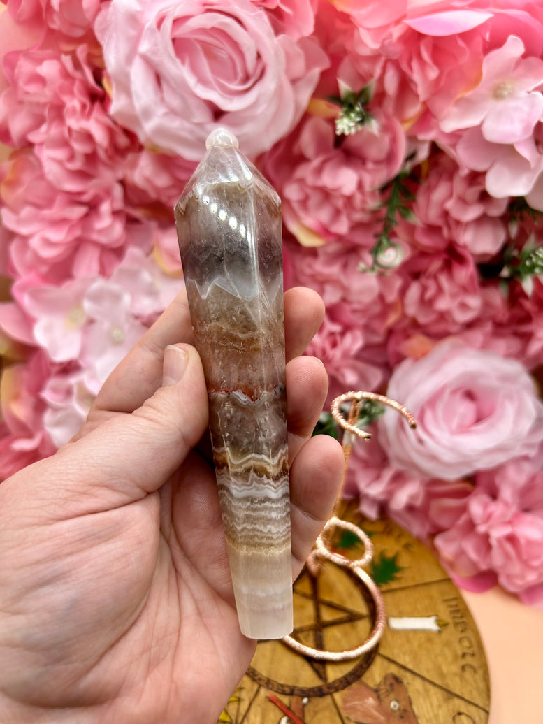 Mexican Lace Agate Wand on Stand - Natural Stone Decorative Display