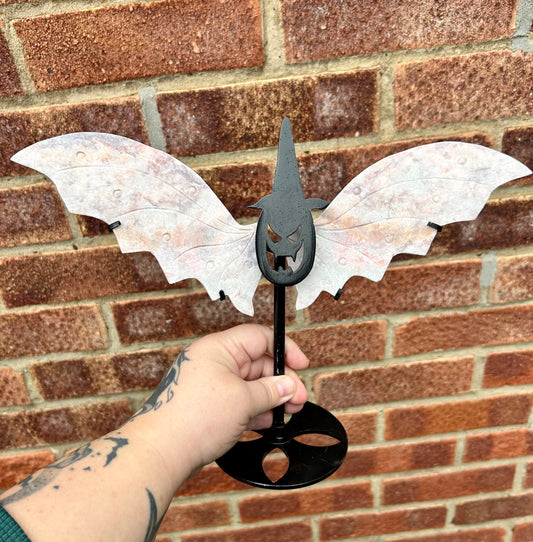 Pink Opal Carved Crystal Wings with Witchy Stand pumpkin witch Halloween style