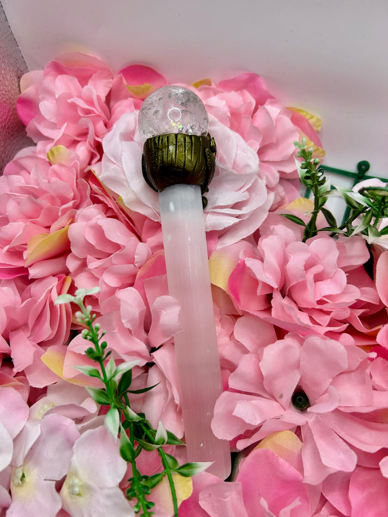 Selenite wand with Quartz Sphere and rainbow inclusions for energy work and witchcraft