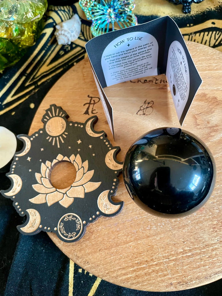 Obsidian Scrying Sphere and Sphere Holder | Lotus | Crystal Ball | Witchy | Reiki | Chakra | Crystal Energy Healing | Mystic | Gift | Ball
