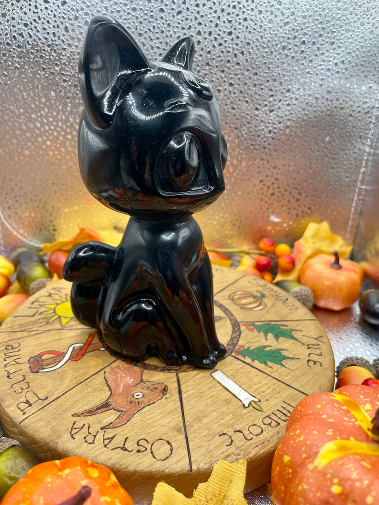 Luna Moon Cat Natural Black Obsidian Crystal Carving | Black Cat | Kitty | Witchcraft | Wiccan | Pagan | Reiki | Chakra | 14.5cm | Ornament