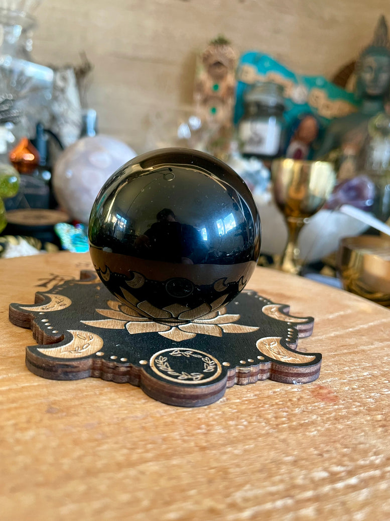 Obsidian Scrying Sphere and Sphere Holder | Lotus | Crystal Ball | Witchy | Reiki | Chakra | Crystal Energy Healing | Mystic | Gift | Ball
