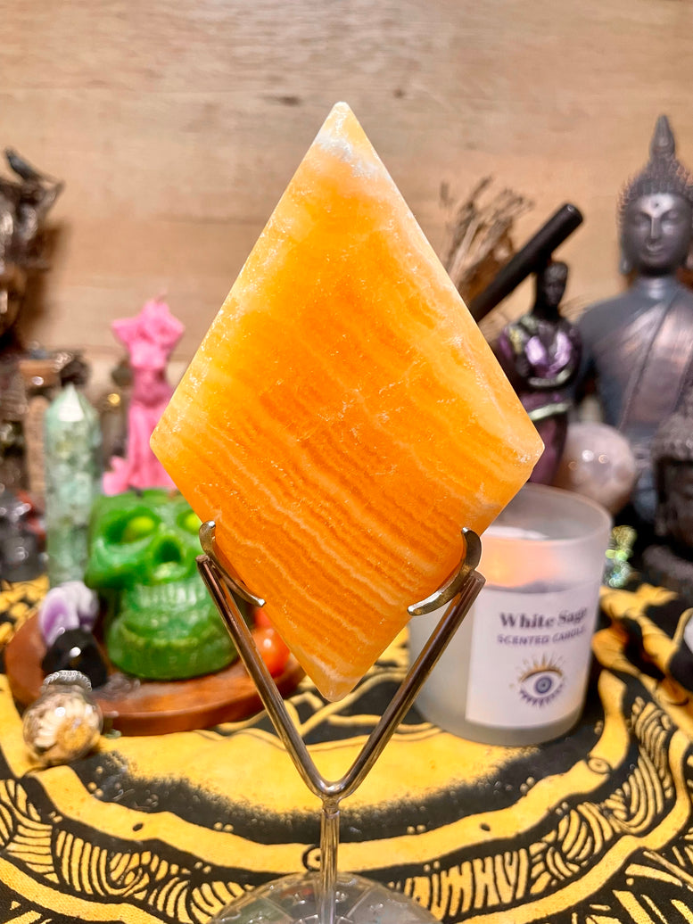 Orange Calcite Diamond on Astrological Stand | Crystals | Healing | Ornament | Witchy | Witchcraft | Reiki | Chakra | Wicca | Pagan | Gift