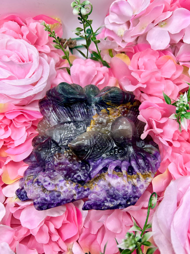 Ocean themed rainbow fluorite crystal carving 1kg 14cm