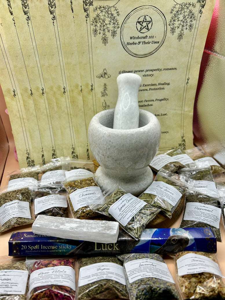 Mortar and Pestle Herb Kit - Herbs - Selenite - Incense - Witchcraft - Kitchen - Utensils