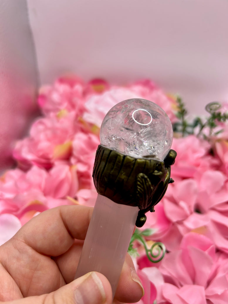 Selenite wand with Quartz Sphere and rainbow inclusions for energy work and witchcraft