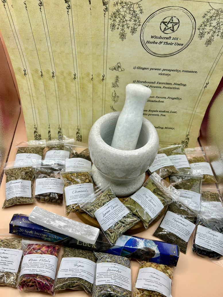 Mortar and Pestle Herb Kit - Herbs - Selenite - Incense - Witchcraft - Kitchen - Utensils