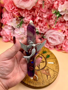 Fluorite Mermaid Wand: Winged Charm, Rhinestone Accents - Ritual Tool