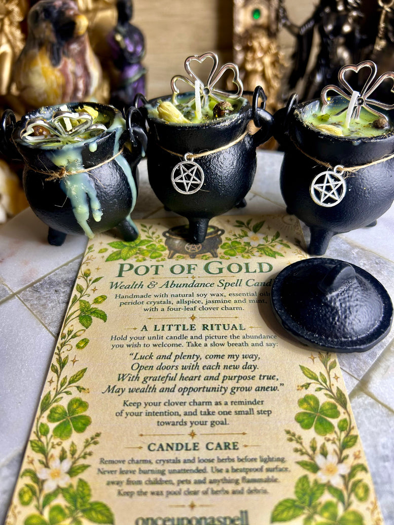 Pot of cold cast iron cauldron wealth and abundance spell candle