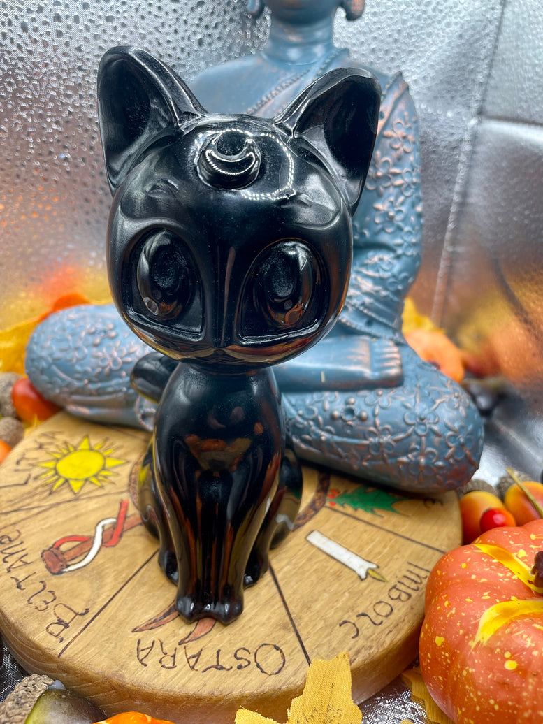 Luna Moon Cat Natural Black Obsidian Crystal Carving | Black Cat | Kitty | Witchcraft | Wiccan | Pagan | Reiki | Chakra | 14.5cm | Ornament