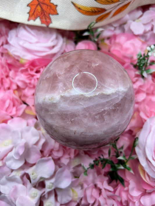 High Quality Rose Quartz Sphere on rotating stand 1.6kg 10cm tall