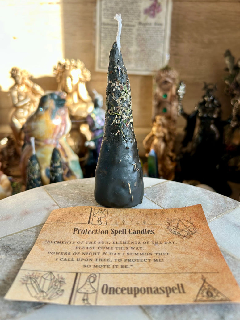 Hand rolled protection spell candles made with beeswax, herbs, essential oils and tourmaline crystal chips