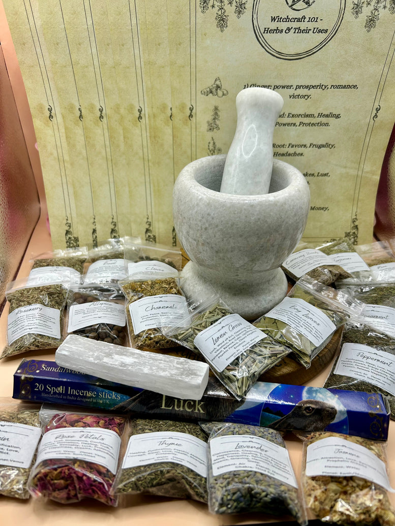 Mortar and Pestle Herb Kit - Herbs - Selenite - Incense - Witchcraft - Kitchen - Utensils