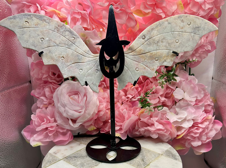Pink Opal Carved Crystal Wings with Witchy Stand pumpkin witch Halloween style